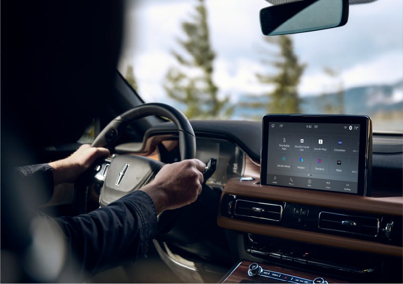 The Lincoln+Alexa app screen is displayed in the center screen of a 2023 Lincoln Aviator® Grand Touring SUV | Eby Lincoln in Goshen IN